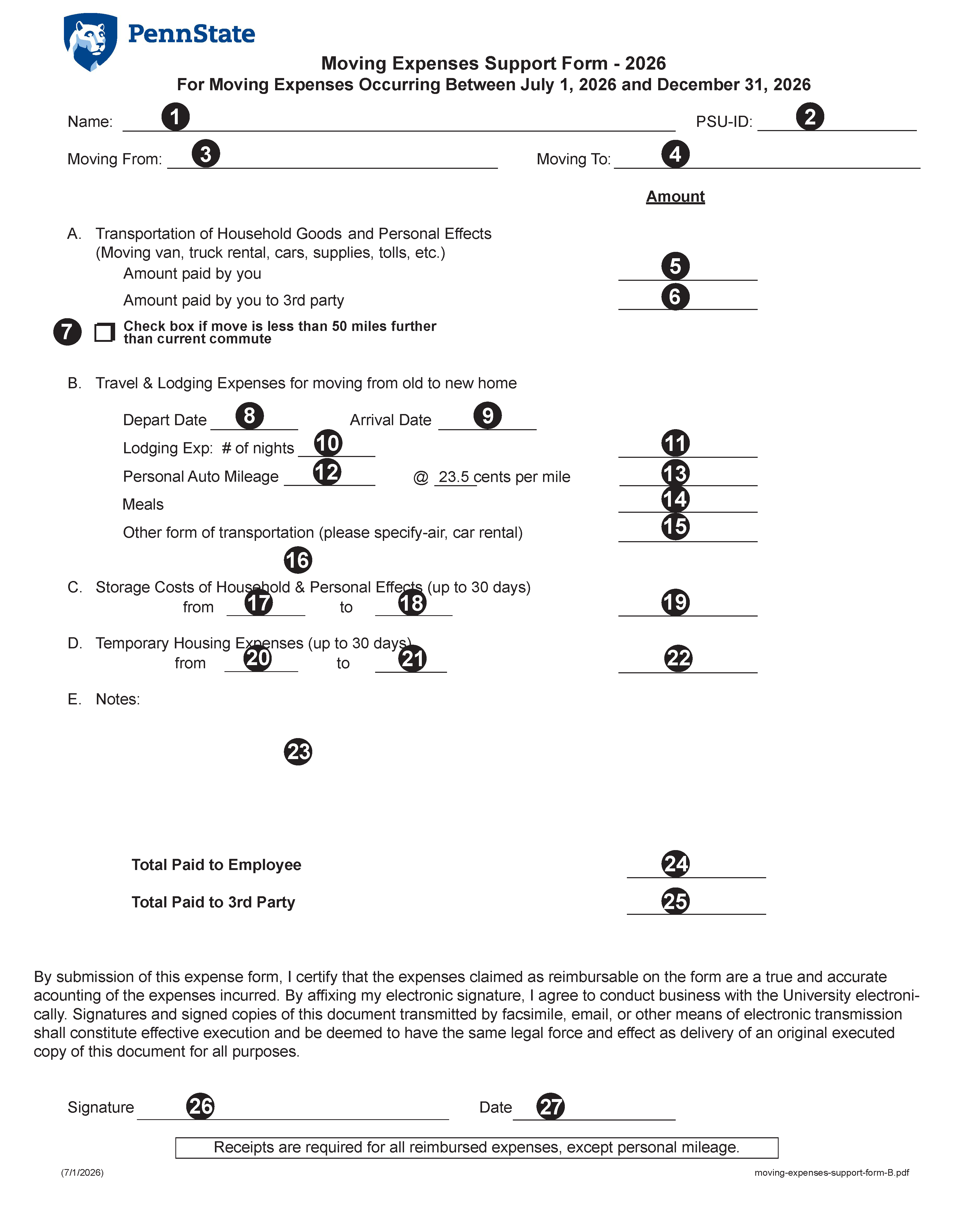Image of Moving Expenses Support Form-2026B